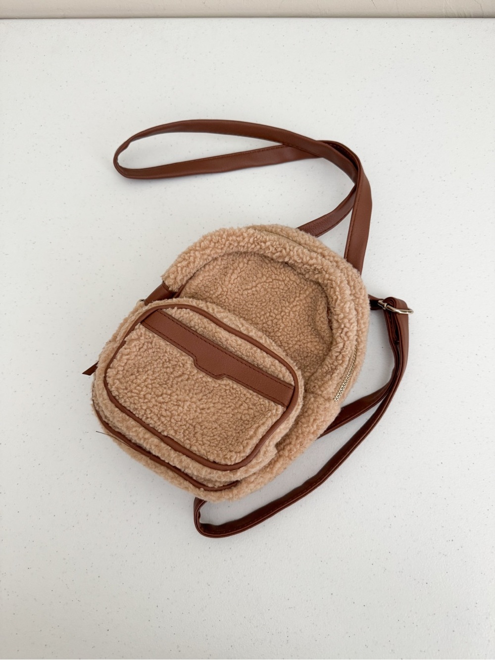 Small Faux Shearling Mini Crossbody/Backpack Bag - Tan